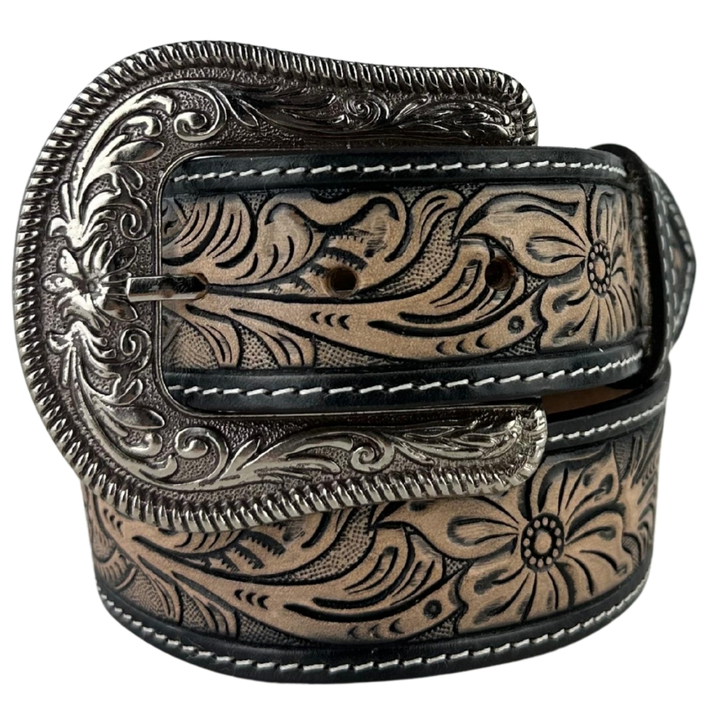 Cinto Masculino Paul Western Couro Natural E Preto Entalhado Folhas Costura Lateral Ref:496