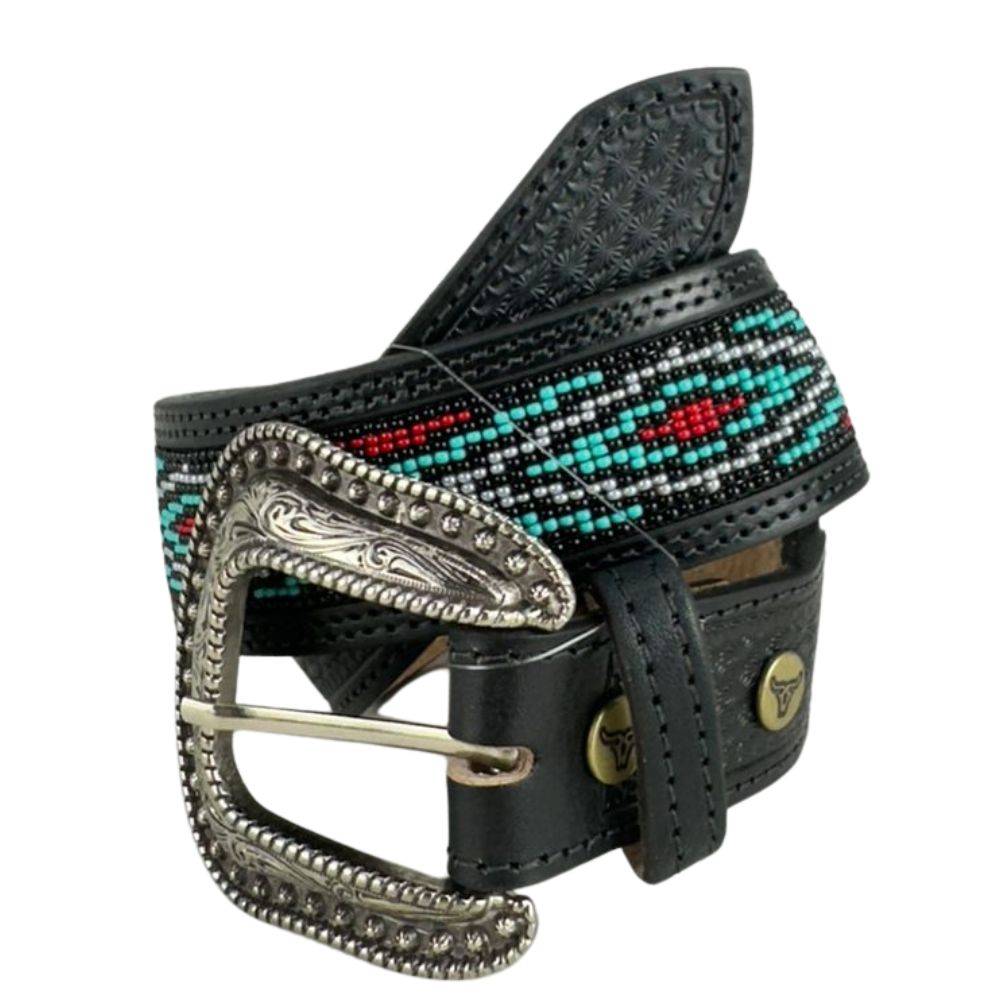Cinto Masculino Paul Western Couro Preto Bordado Miçanga Azul Preto E Vermelho Com Ponteira Ref: 351