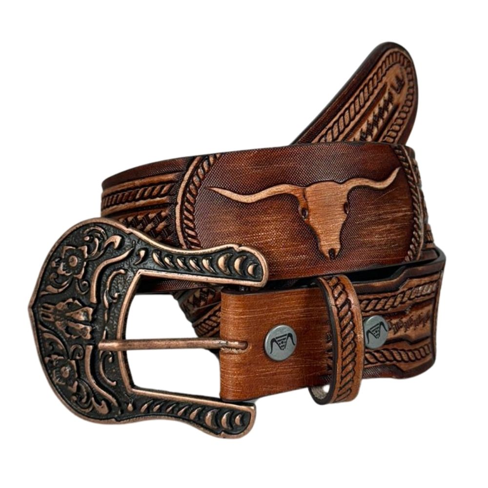 Cinto Masculino Pyramid Country Couro Caramelo Despontado Entalhado Long Horn Ref. PY7900