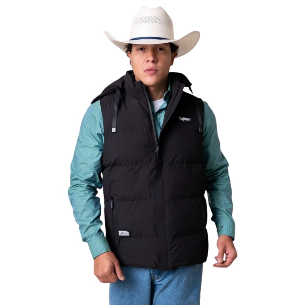 Colete Masculino Texas Farm Puffer Dusk Preto Com Capuz Removível Logo Aplicada Ref: IN020