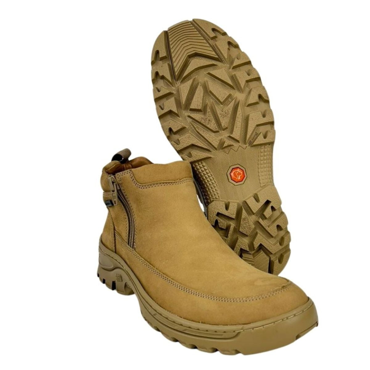 Coturno Masculino Anatômic Gel Couro Nobuck Camel Pesponto Kaki Com Zíper Sola 360 Outdoor Natural Ref.7587