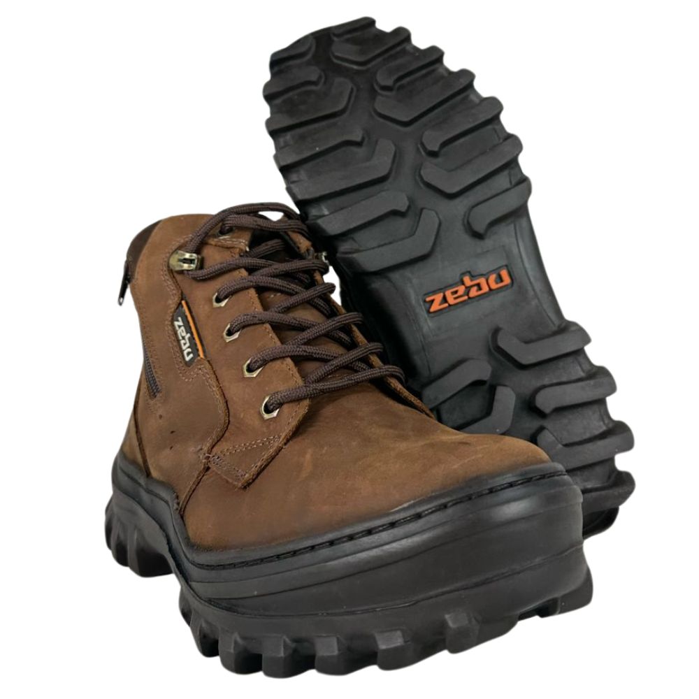 Coturno Masculino Zebu Bico Redondo Couro Mustang Terra/Café Com Zíper Ref:65060 MS05