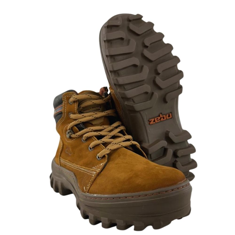 Coturno Masculino Zebu Bico Redondo Couro Nobuck Castor CF/SLA/CF Com 1 Ziper Lateral Ref:65050 NB 09