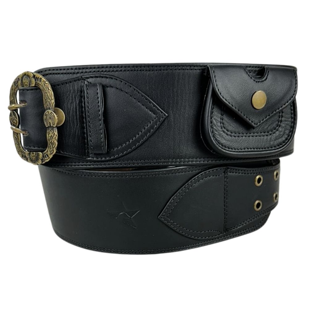 Guaiaca Unissex Estrella Campeira Couro Preto Liso Com Bolso  Ref.1515