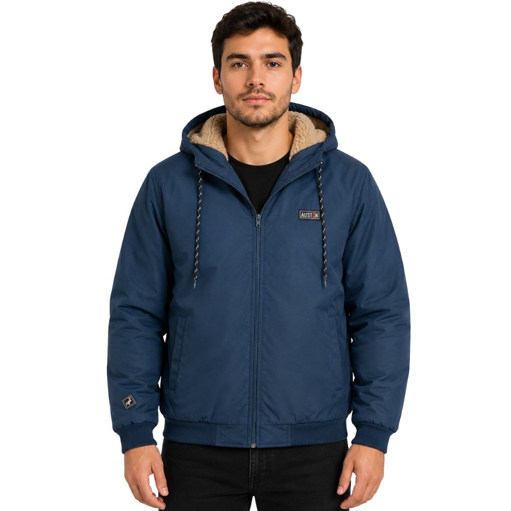Jaqueta Masculina Austin Western Azul Marinho Com Capuz Bolsos E Forro Em Lã - Ref:14791