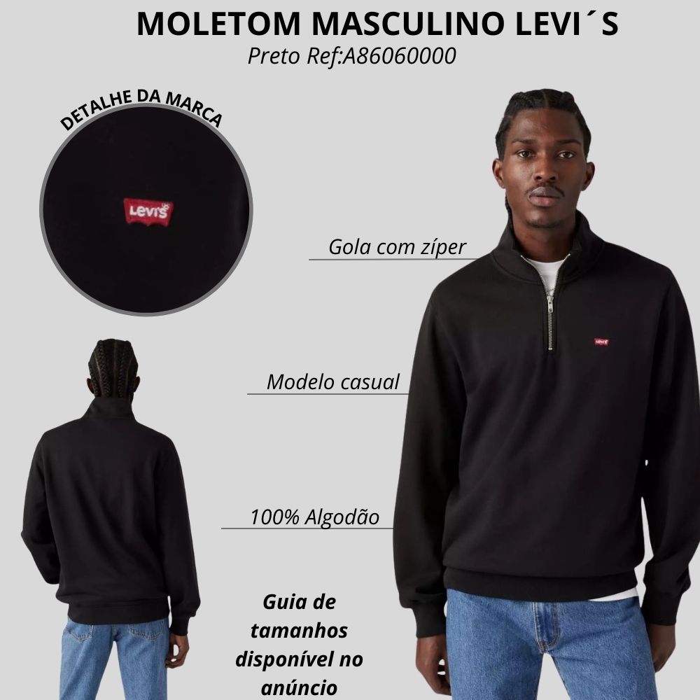 Moletom Masculino Levi's Preto Com Zíper E Logo Em Vermelho Ref