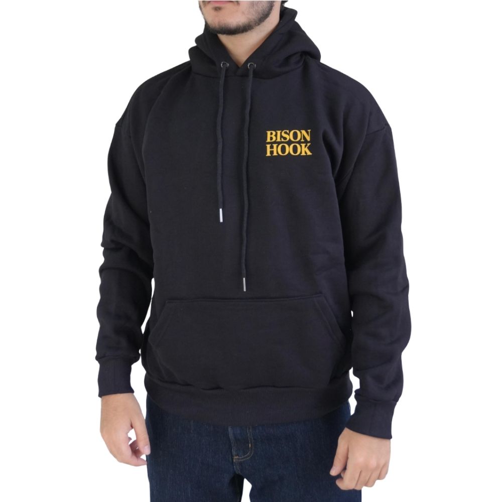 Moletom Masculino Bison Hook Capuz Modelo Canguru Preto Logo Amarelo e Preto Estampado Frente e Costas