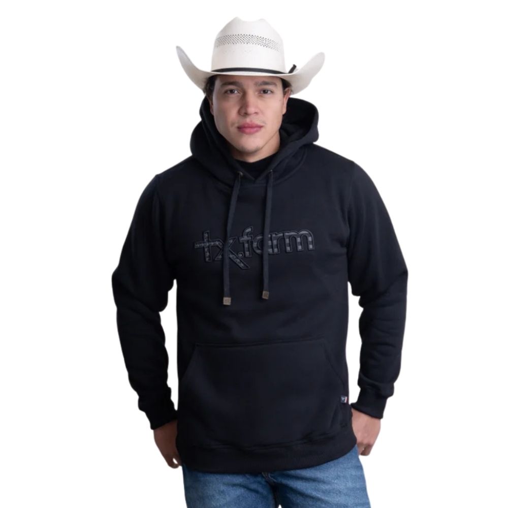 Moletom Masculino Texas Farm Com Capuz Modelo Canguru Preto Com Logo Bordado EUA Em Preto Ref:MT144