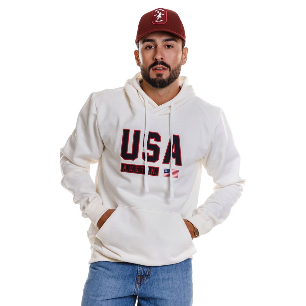 Moletom Masculino Austin Western Modelo Canguru Cor Off White Com Bordado USA Em Preto E Vermelho Ref:14554