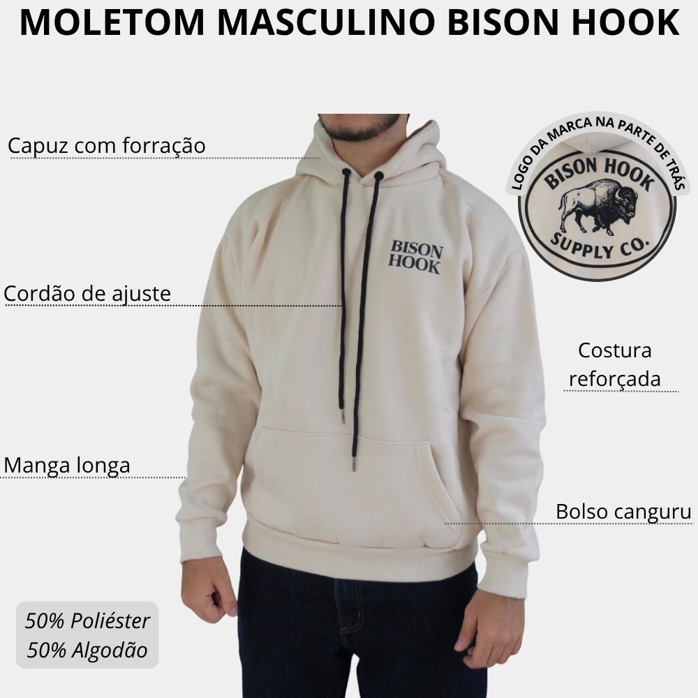 Moletom Masculino Bison Hook Capuz Modelo Canguru Creme Logo Preto