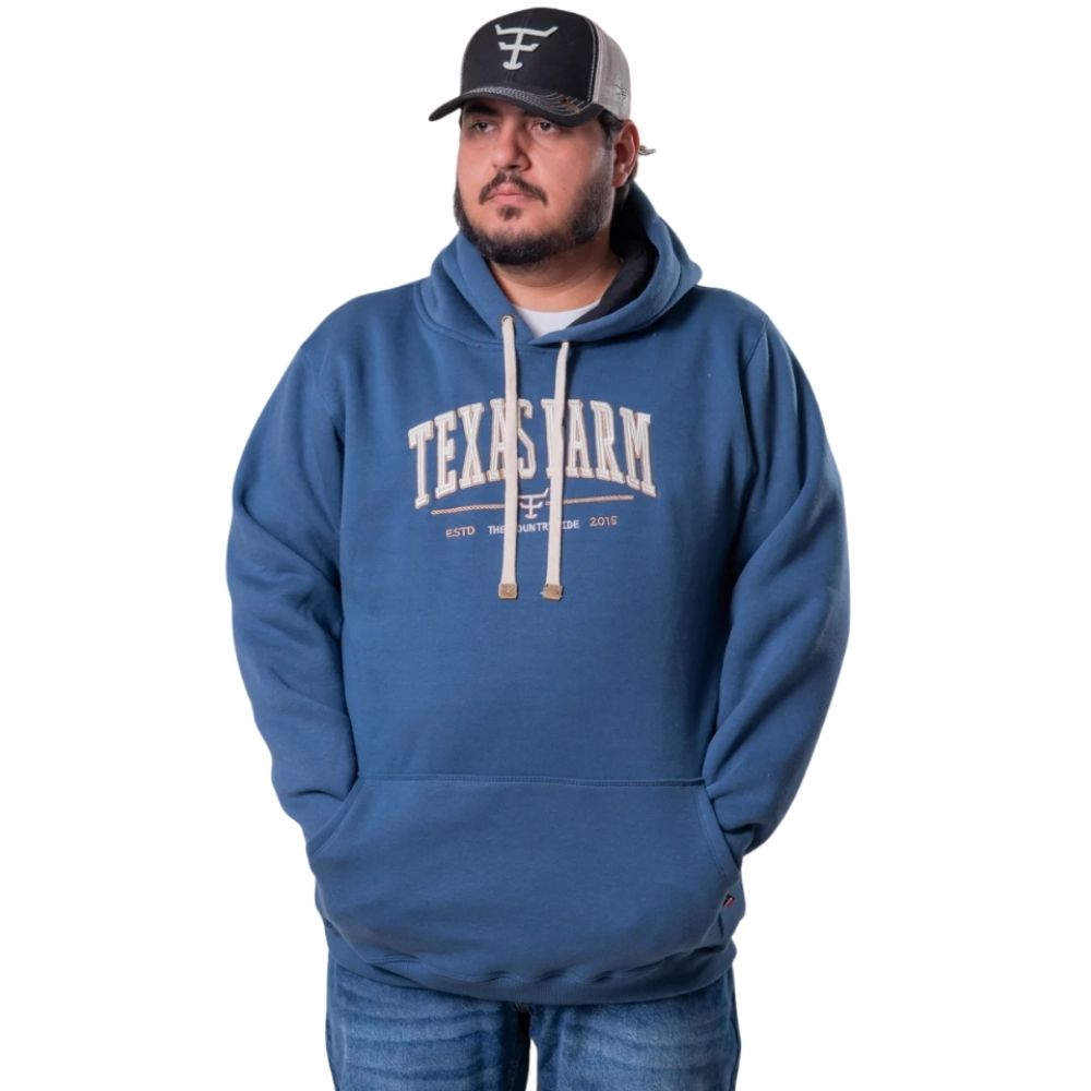 Moletom Masculino Texas Farm Alliance Com Capuz Modelo Canguru Azul Intense Estampa Off White e Bege Ref:MT139