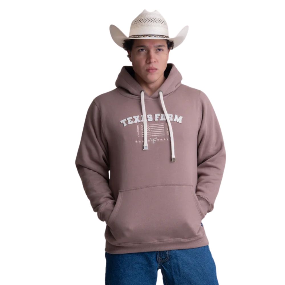 Moletom Masculino Texas Farm Alliance Com Capuz Modelo Canguru Marrom Logo Branco Ref:MT137