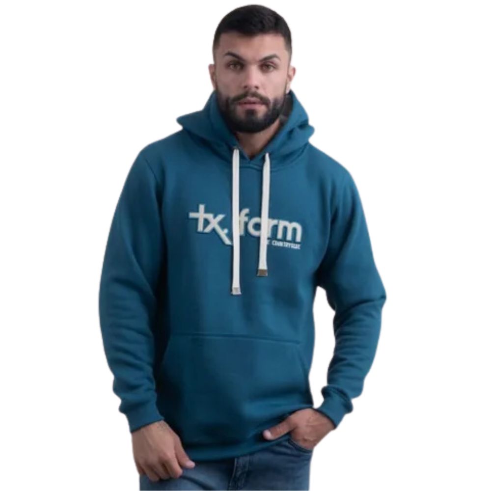 Moletom Masculino Texas Farm Bolso Canguru Com Capuz Azul Petróleo Logo Off White Ref:MT036