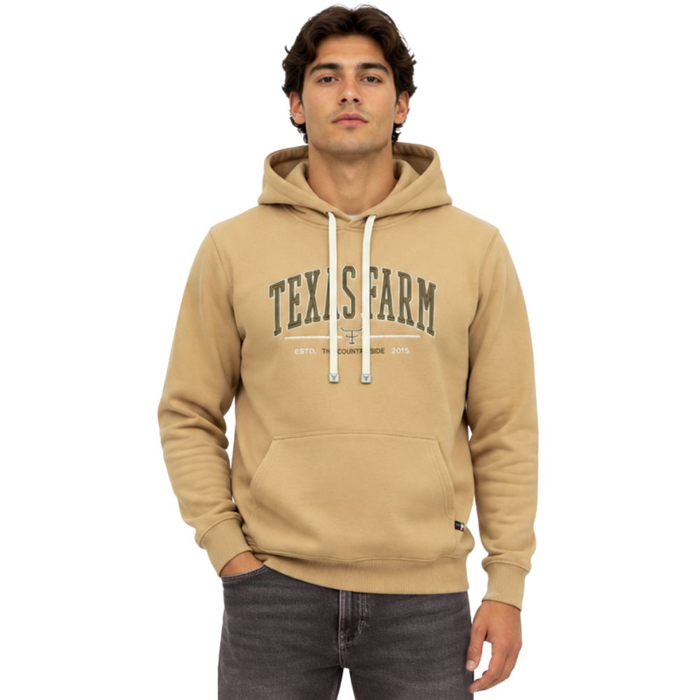 Moletom Masculino Texas Farm Modelo Canguru Com Capuz Bege Areia Com logo Bordado Verde Musgo - Ref:MT139
