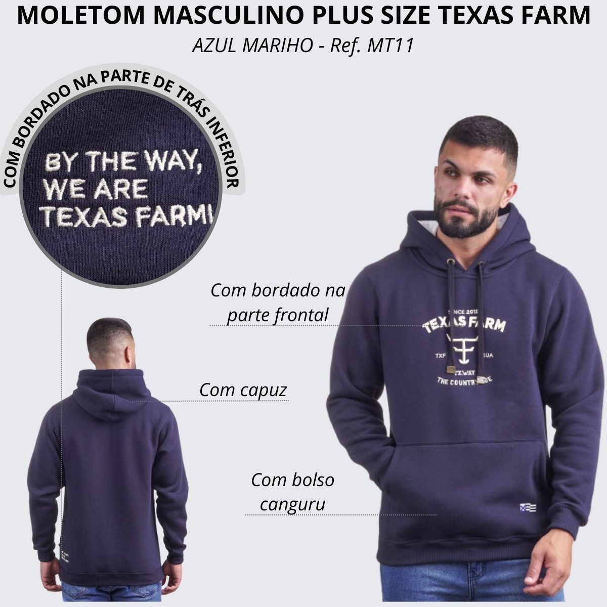 Moletom Masculino Texas Farm Plus Size Bolso Canguru Azul Marinho
