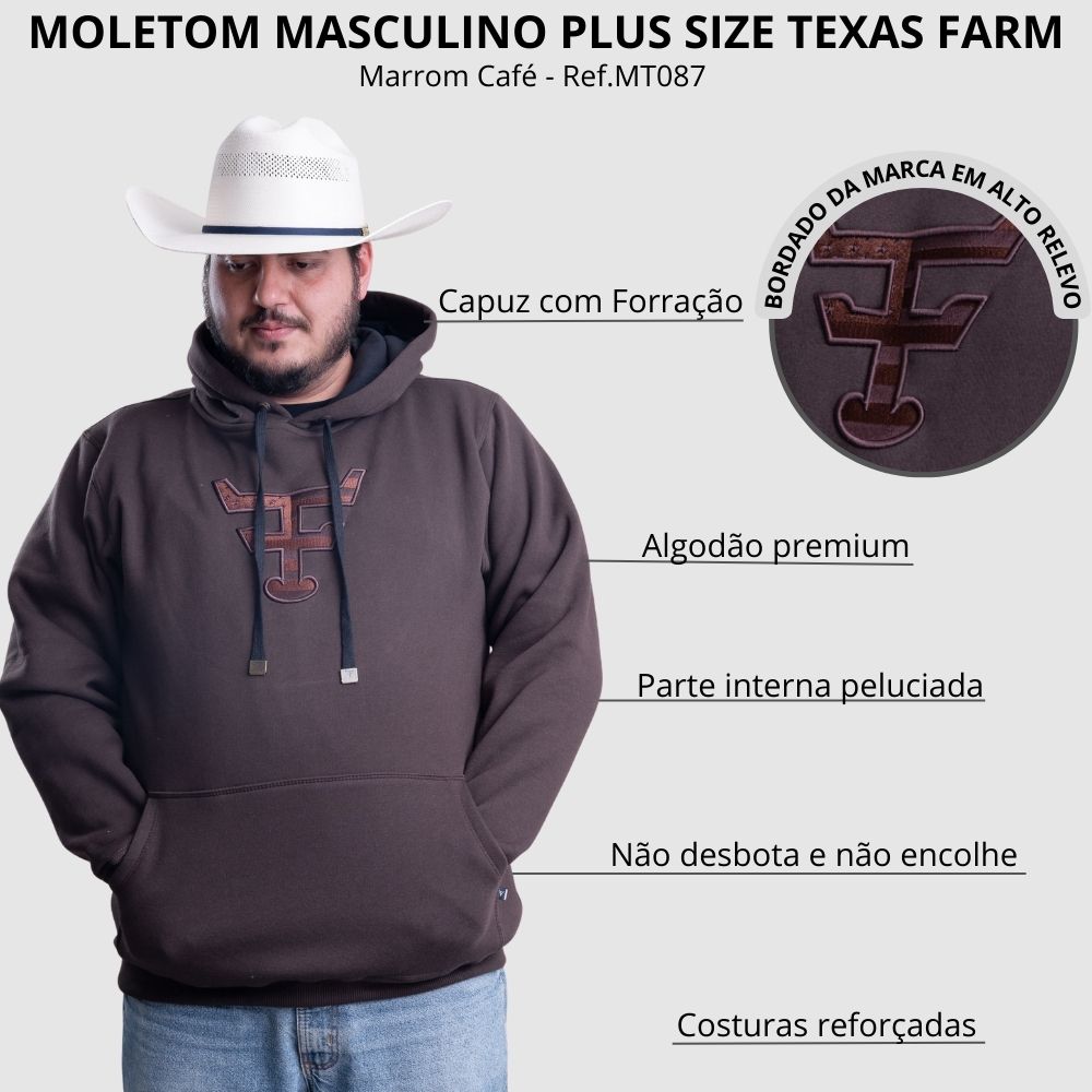 Moletom Masculino Texas Farm Plus Size Bolso Canguru Marrom Café