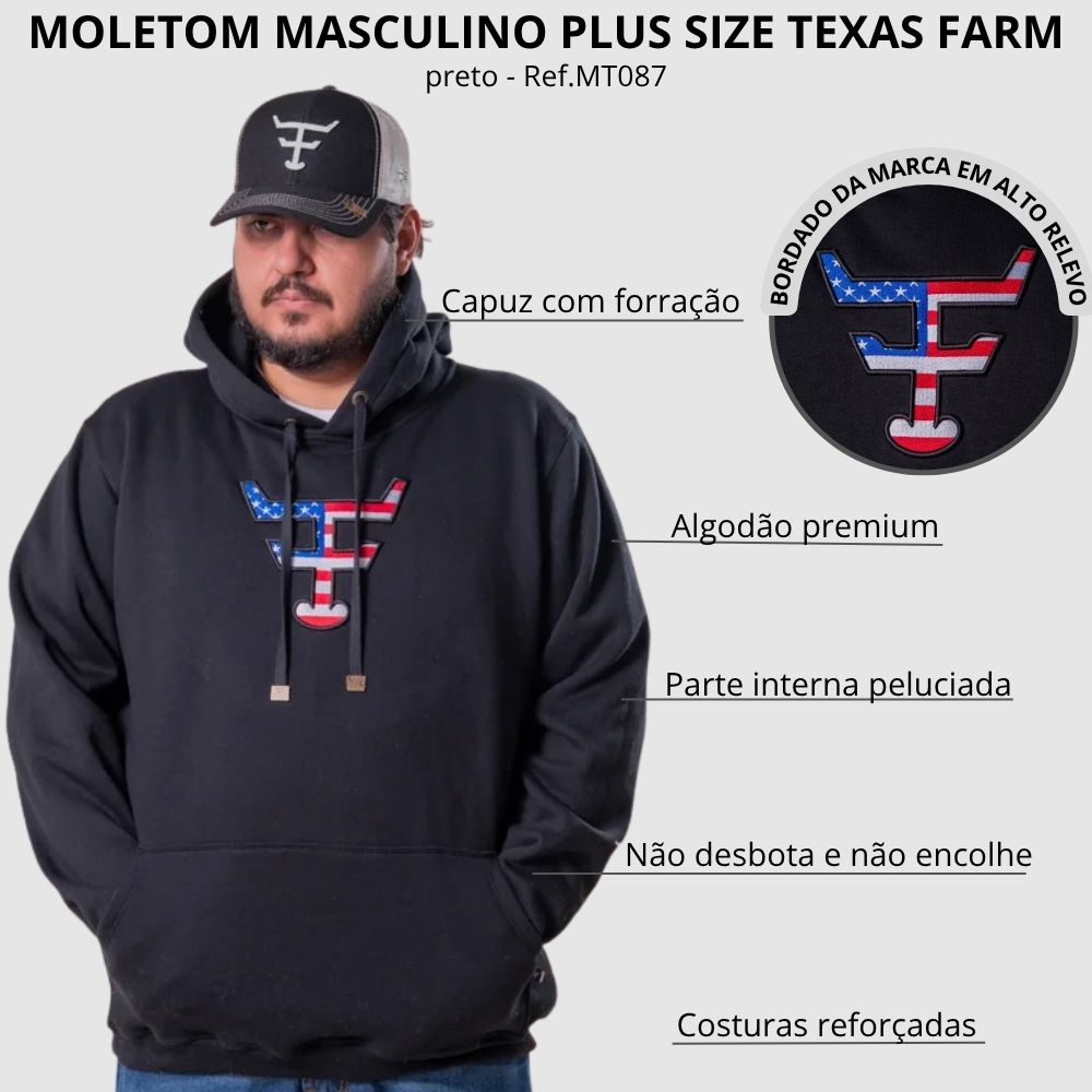 Moletom Masculino Texas Farm Plus Size Modelo Canguru Capuz Preto