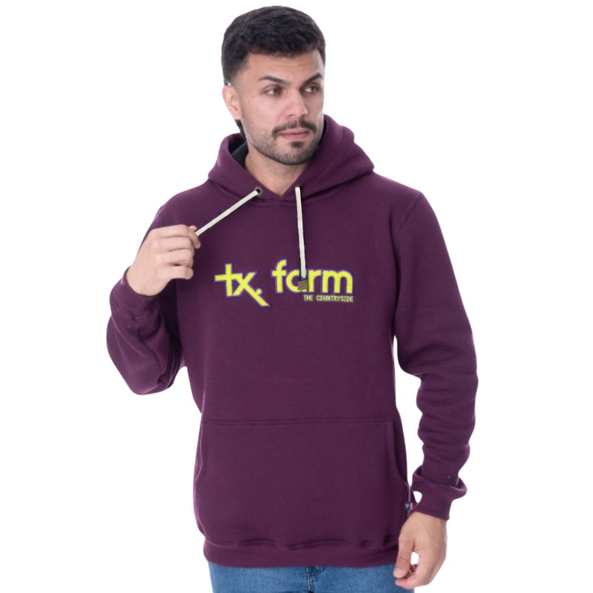 Moletom Masculino Texas Farm Roxo Modelo Canguru Com Logo Amarelo Ref: MT036