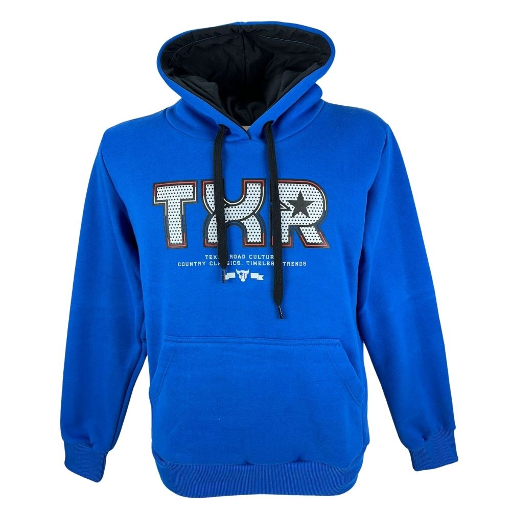 Moletom Masculino Texas Road Modelo Canguru Com Capuz Cor Azul Royal e Preto Com Estampa