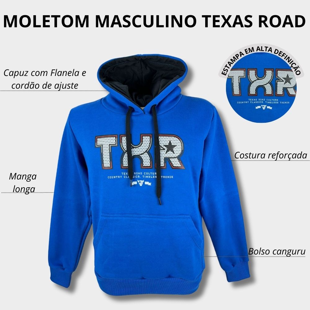 Moletom Masculino Texas Road Modelo Canguru Com Capuz Cor Azul