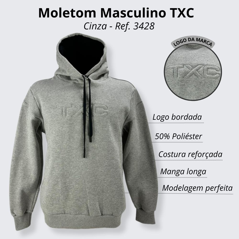 Moletom Masculino TXC Cinza Com Capuz E Cordão Manga Longa Ref