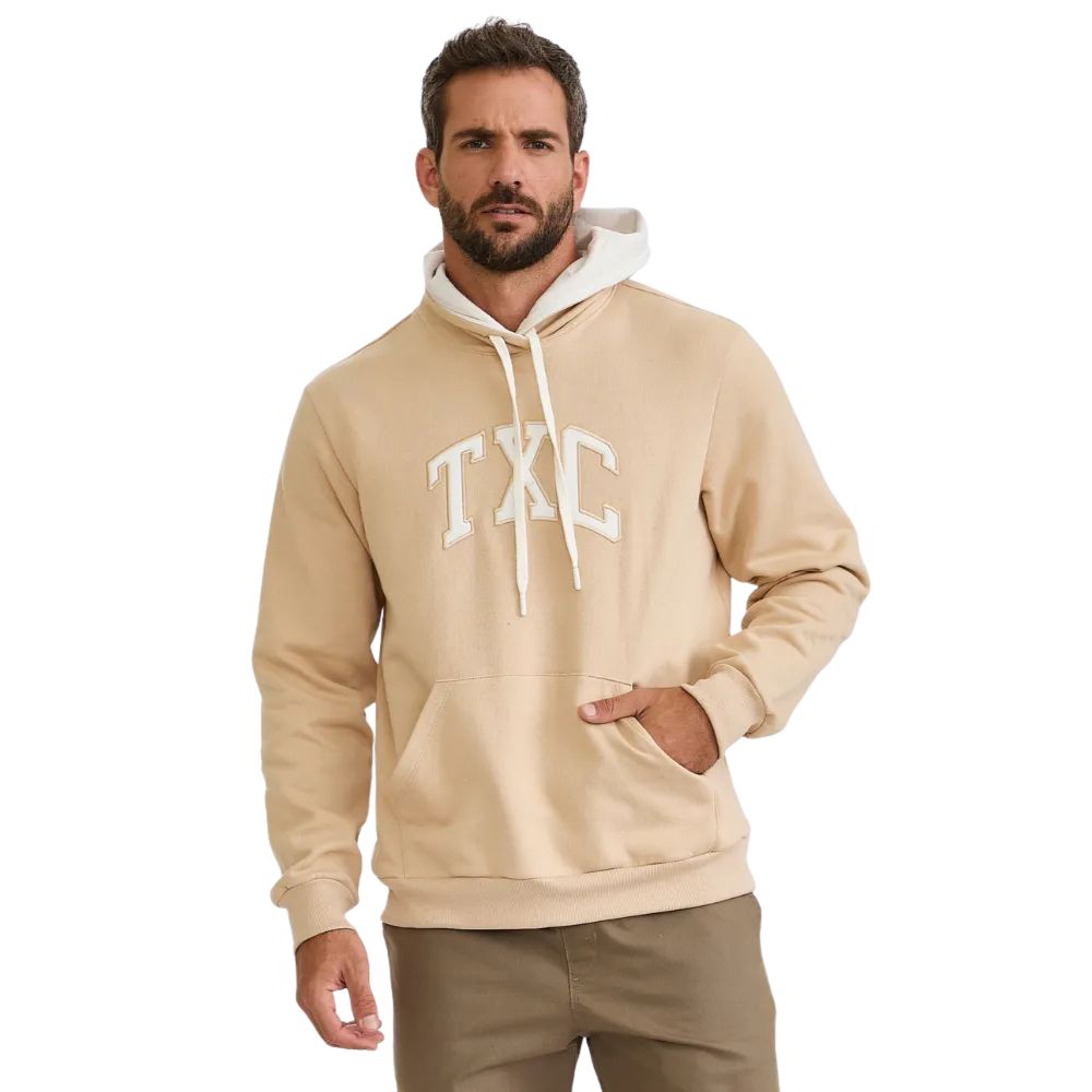 Moletom Masculino TXC Com Capuz Modelo Canguru Areia Com Logo Bordado Branco Ref:3466