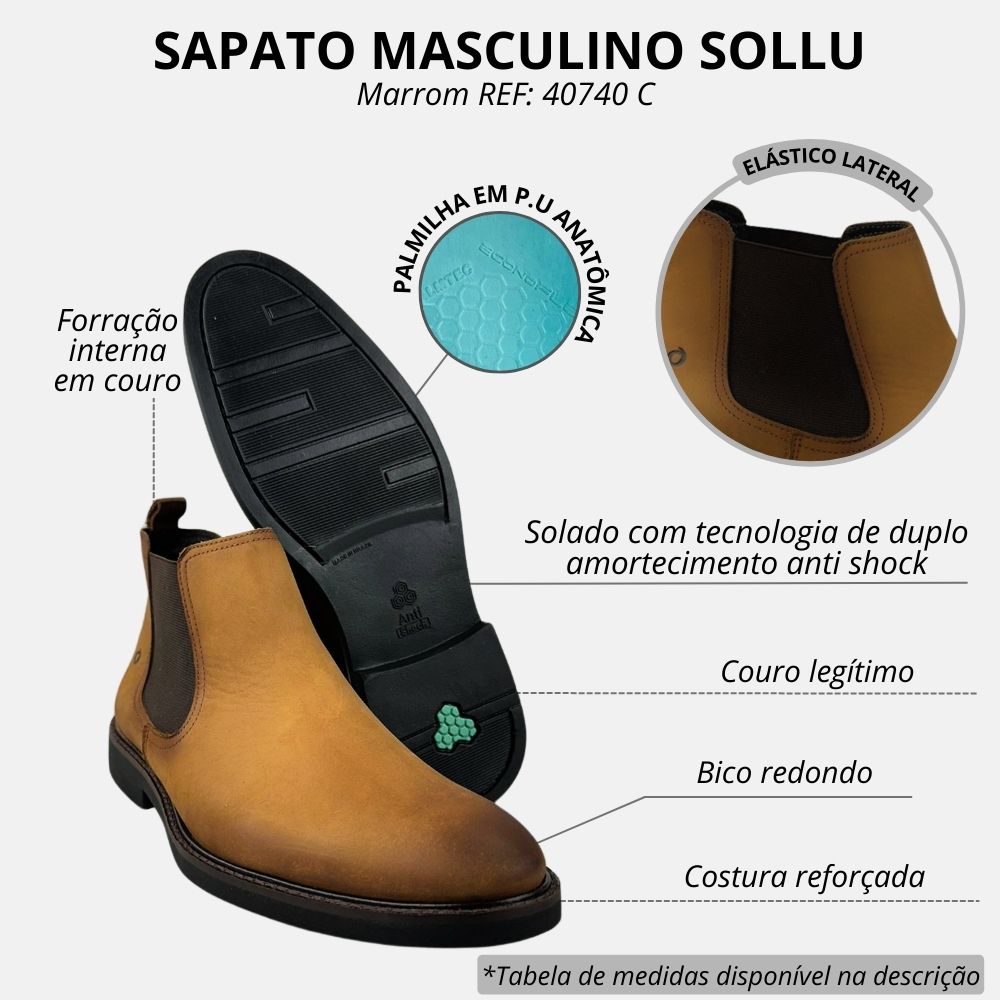 soll① Sapato Masculino Sollu Couro Oleo Brush Castor Solado Preto Linha