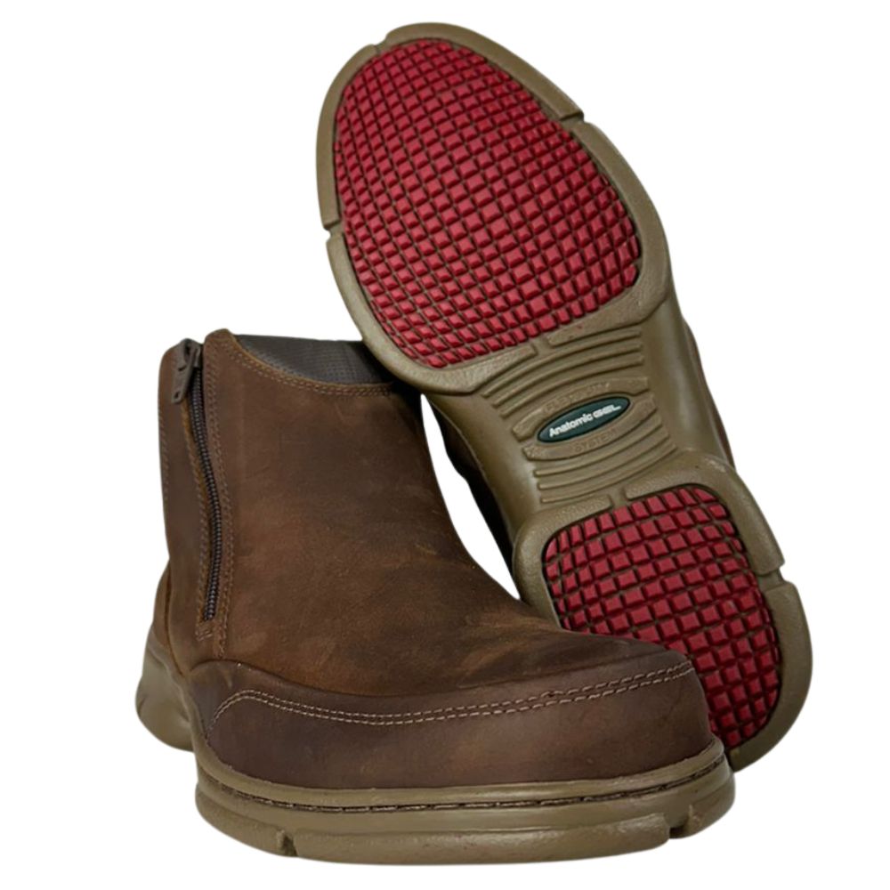 Sapato Masculino Anatomic Gel Couro Rústico Conhaque /Furado Brown C/ 2 Zíper Sola 360º Ambar Ref:7887