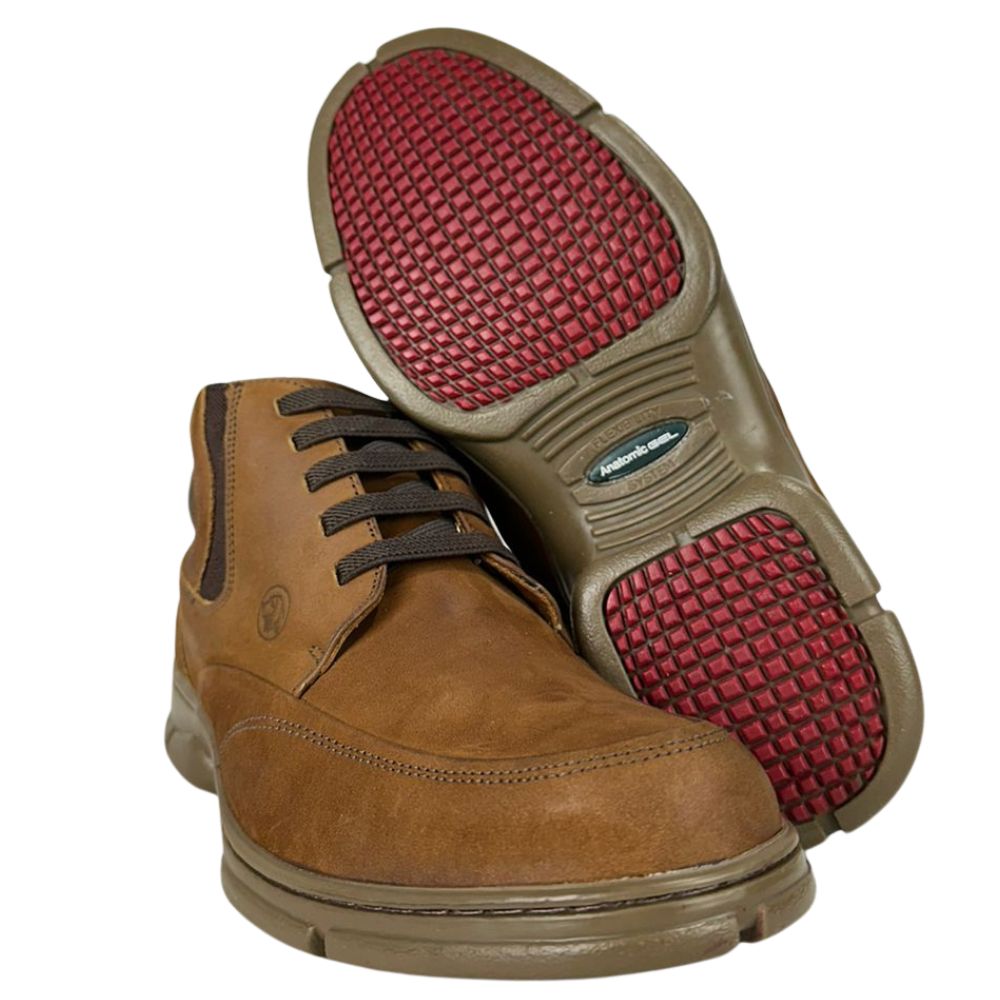 Sapato Masculino Anatomic Gel Couro Vintage Conhaque/Furado Brown Sola 360º Ambar Ref:7897