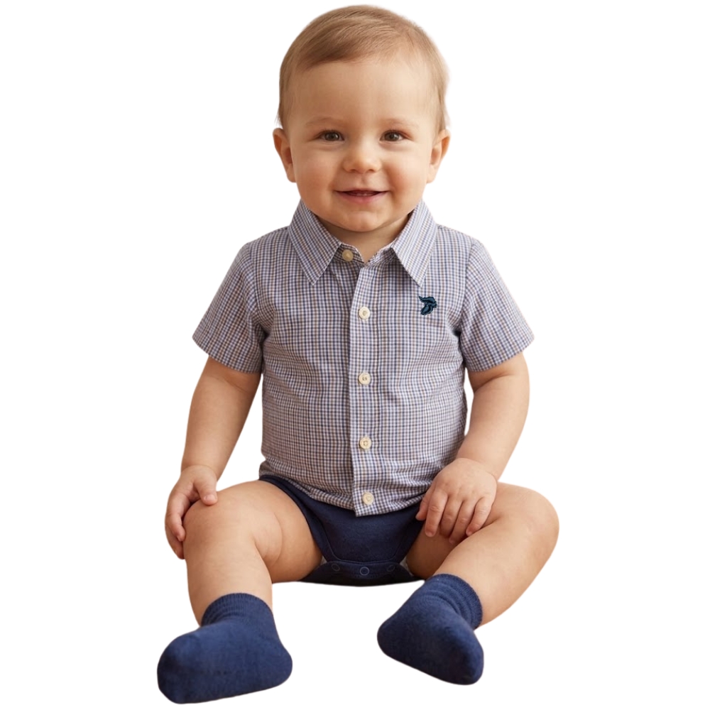 Body Baby Aurochs Estilo Camisa Manga Curta Xadrez Azul/Ocre E Branco Logo Azul