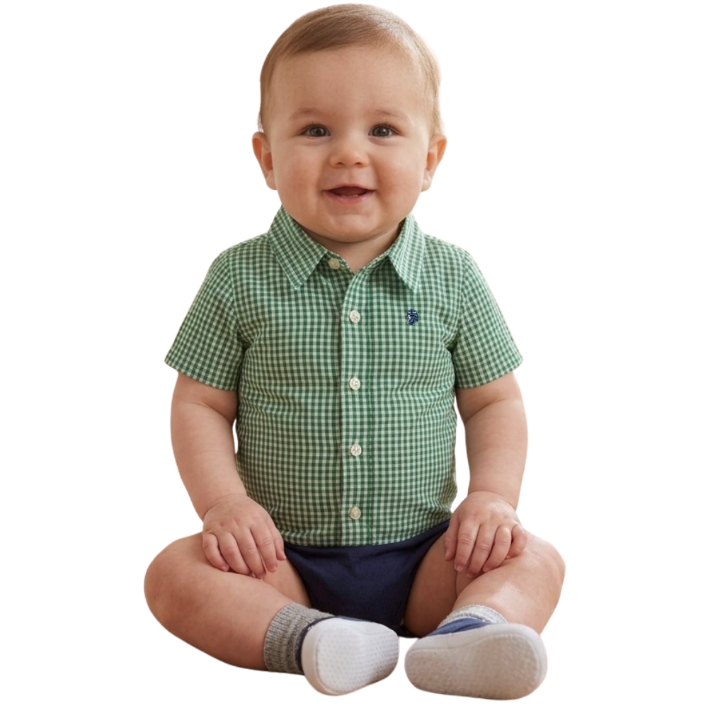 Body Baby Aurochs Estilo Camisa Manga Curta Xadrez Verde E Branco Logo Azul Marinho