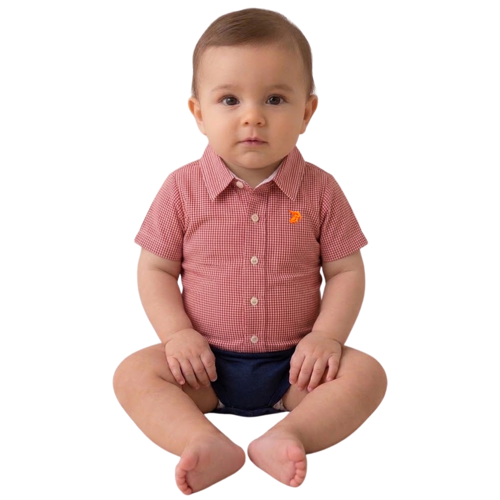 Body Baby Aurochs Estilo Camisa Manga Curta Xadrez Vermelho E Branco Logo Laranja