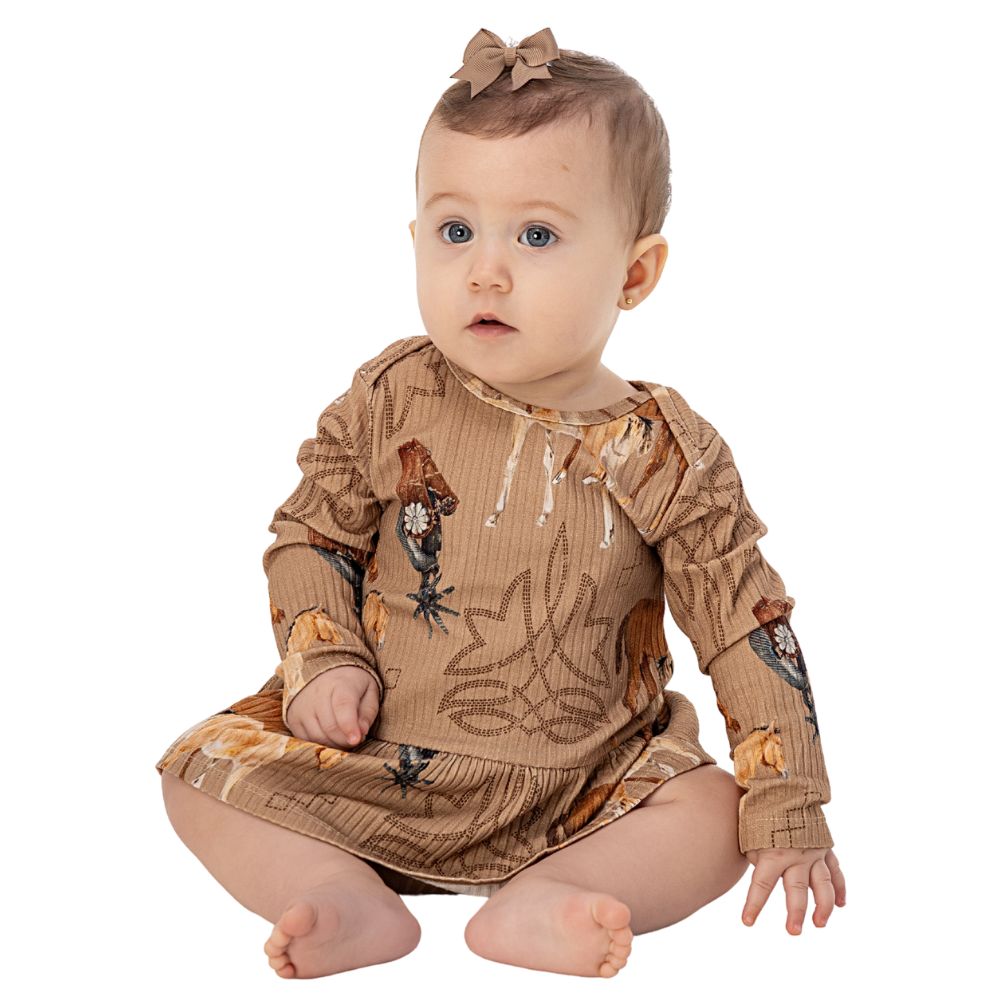 Body Baby Zenz Dolly Manga Longa Com Sainha Caqui Estampado Cavalos Ref:1495-ZW0225061