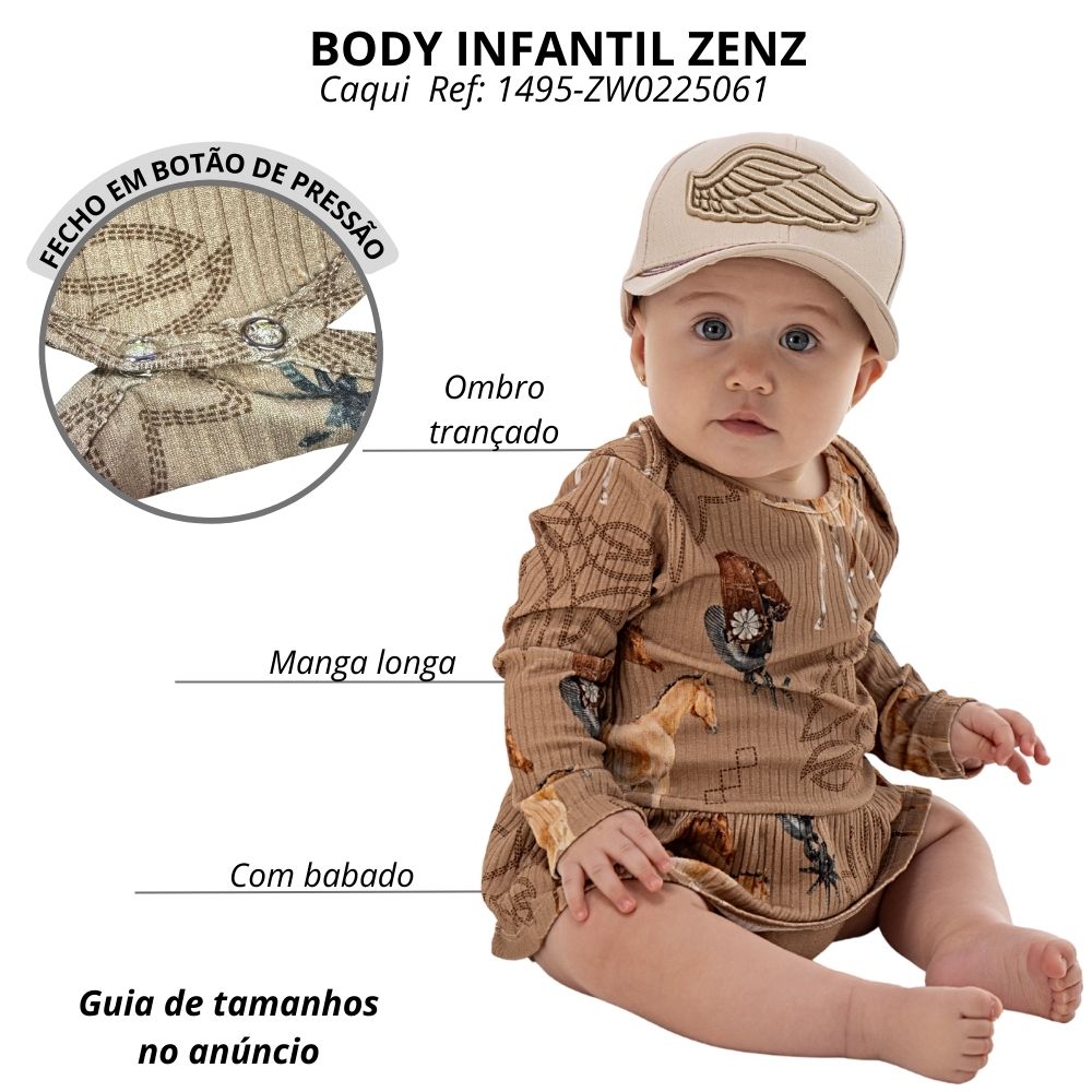 Body Baby Zenz Dolly Manga Longa Com Sainha Caqui Estampado