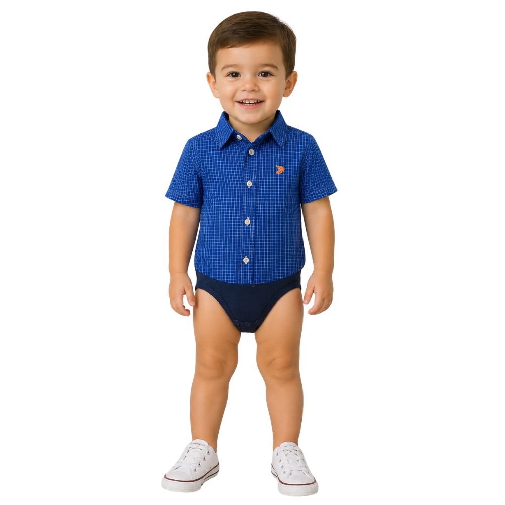 Body Bebê Aurochs Estilo Camisa Manga Curta Xadrez Azul Bic Com Logo Laranja Ref:009