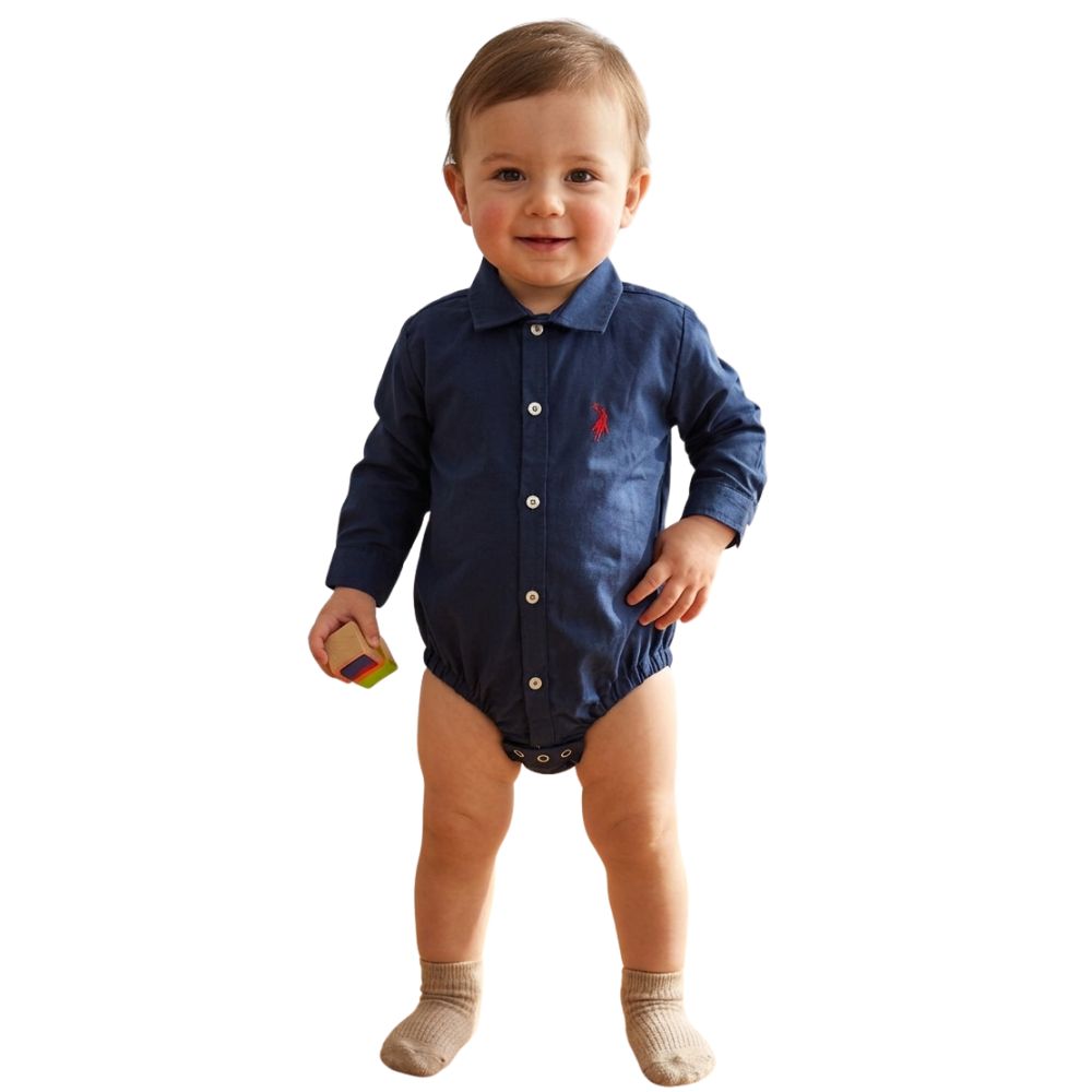 Body Bebê Austin Western Manga Longa Estilo Camisa Azul Marinho Liso Com  Logo Vermelho
