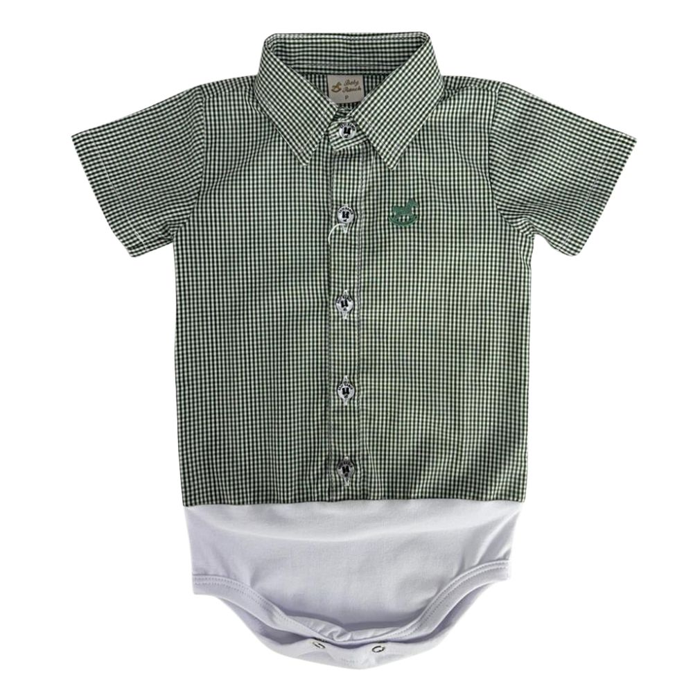 Body Bebê Baby Ranch Manga Curta Estilo Camisa Xadrez Verde Musgo Branco Ref:4002