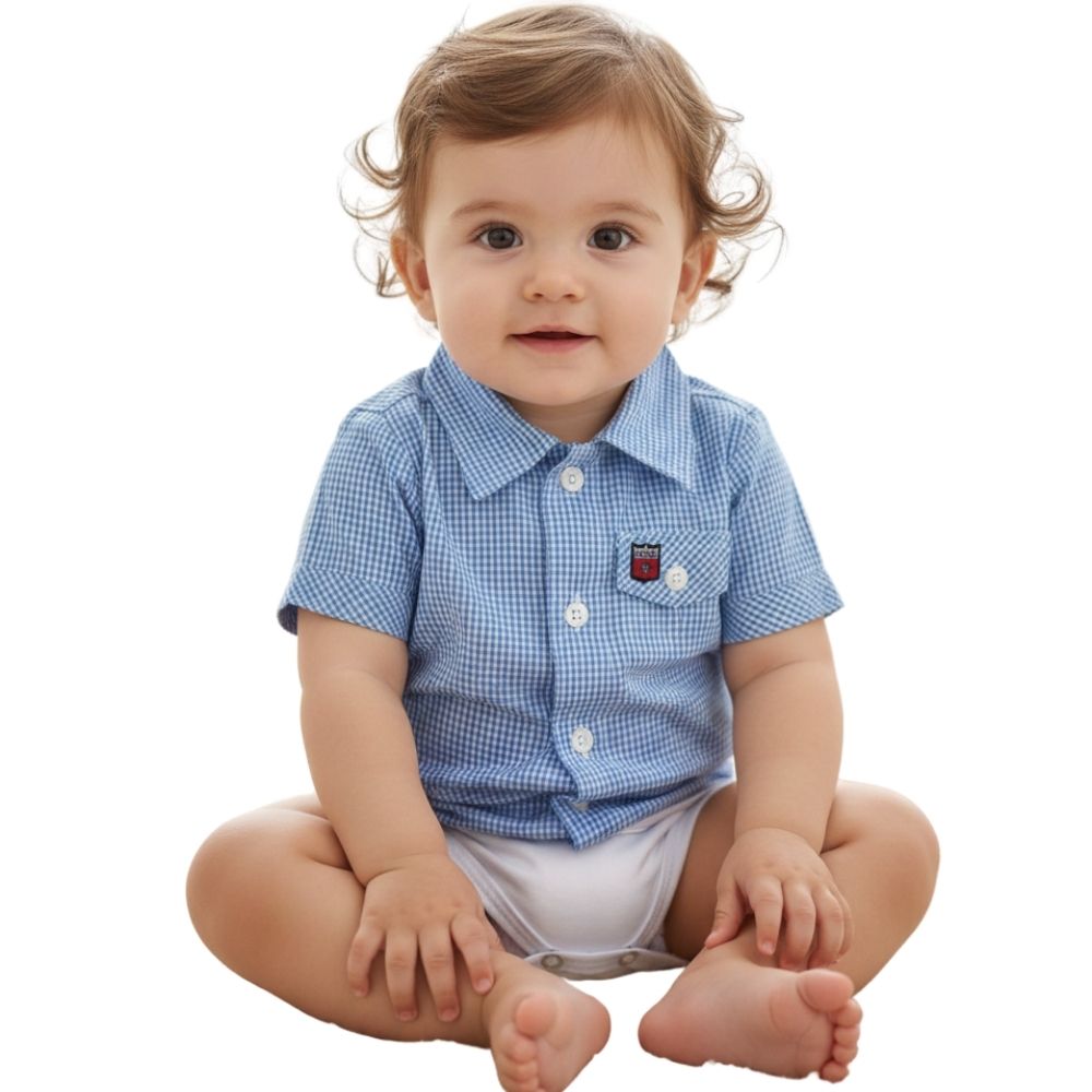 Body Bebê Os Vaqueiros Xadrez Azul Claro E Branco Manga Curta Ref: V20-41015