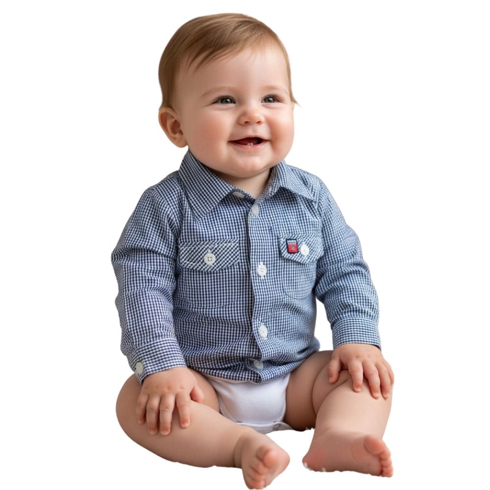 Body Bebê Os Vaqueiros Xadrez Azul Marinho E Branco Manga Longa Ref: V22-41030