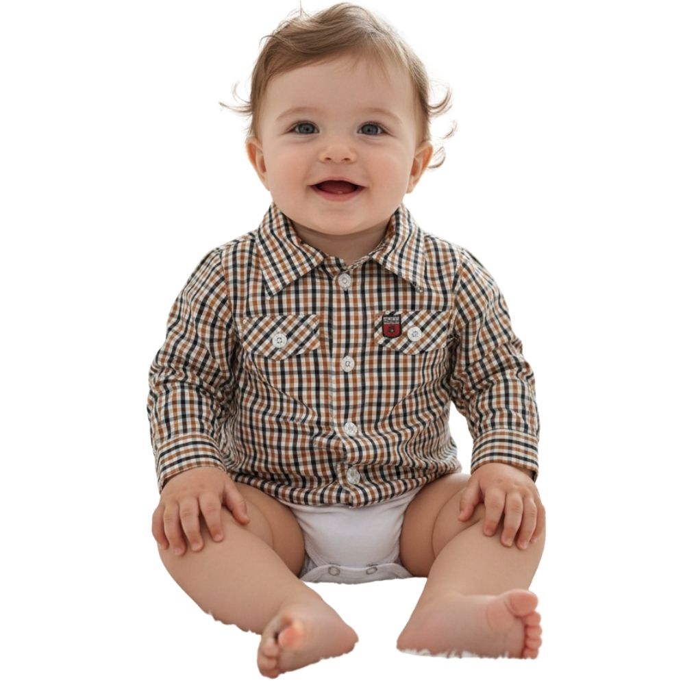 Body Bebê Os Vaqueiros Xadrez Laranja E Preto Manga Longa Ref: V22-41030