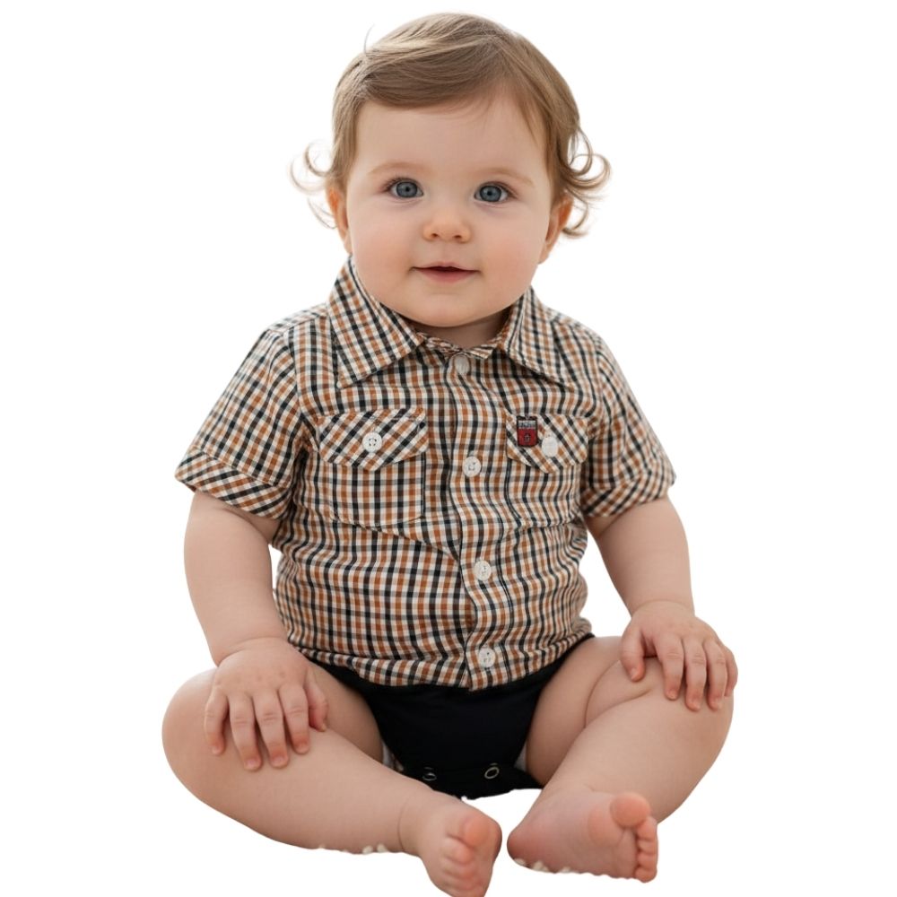 Body Bebê Os Vaqueiros Xadrez Medio Laranja E Preto Manga Curta Ref: V20-41015