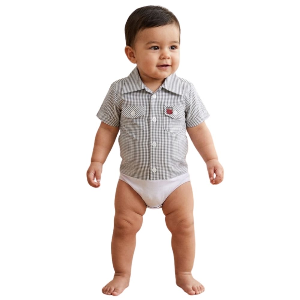 Body Bebê Os Vaqueiros Xadrez Preto E Branco Manga Curta - Ref: V20-41015
