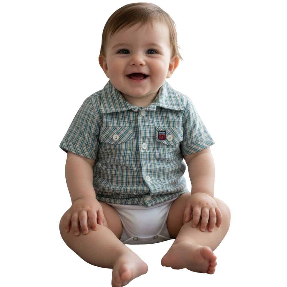 Body Bebê Os Vaqueiros Xadrez Verde E Laranja Manga Curta Ref: V20-41015