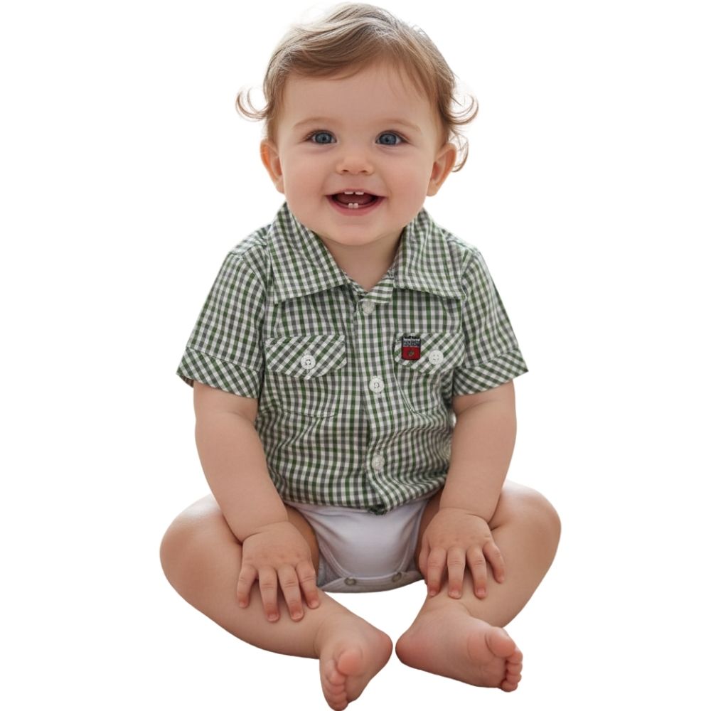 Body Bebê Os Vaqueiros Xadrez Verde Militar E Laranja Manga Curta Ref: V20-41015