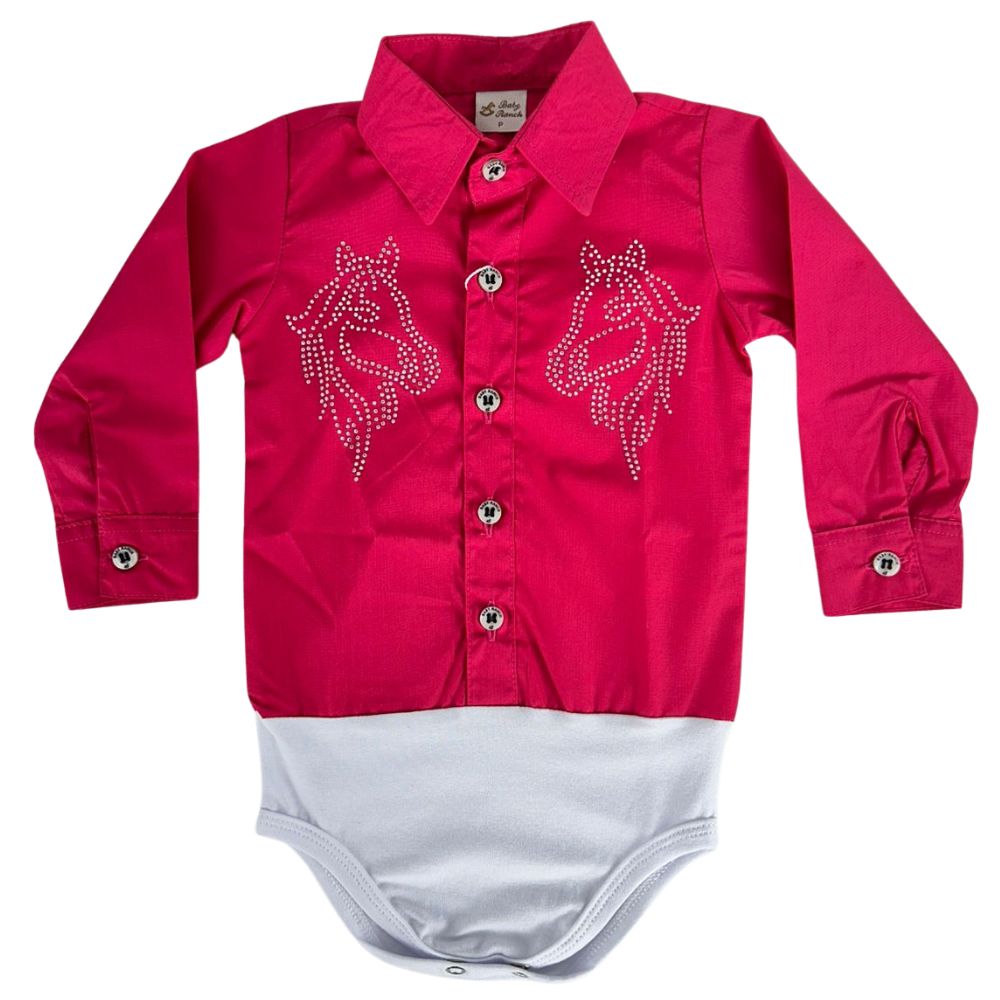 Body Infantil Baby Ranch Camisa Manga Longa Rosa Pink Com Bordado De Cavalo Strass Ref:105