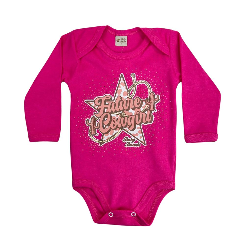 Body Feminino Baby Ranch Manga Longa Pink Com Brilho E Escrita Cowgirl Ref:1204