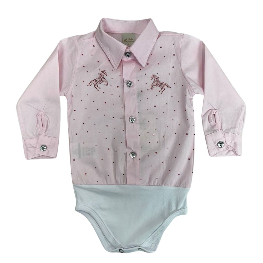 Body Feminino Infantil Baby Ranch Manga Longa Estilo Camisa Com Cavalos Brilhantes Ref:10-01