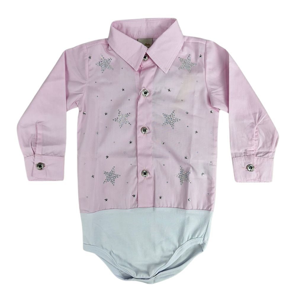 Body Feminino Infantil Baby Ranch Manga Longa Estilo Camisa Com Estrelas Em Strass Ref:1001