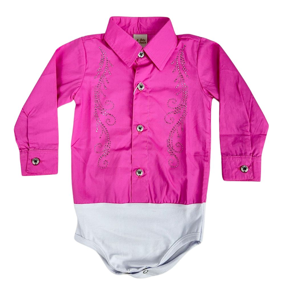 Body Feminino Infantil Baby Ranch Pink Manga Longa Estilo Camisa Com Arabescos Em Strass Ref:1001