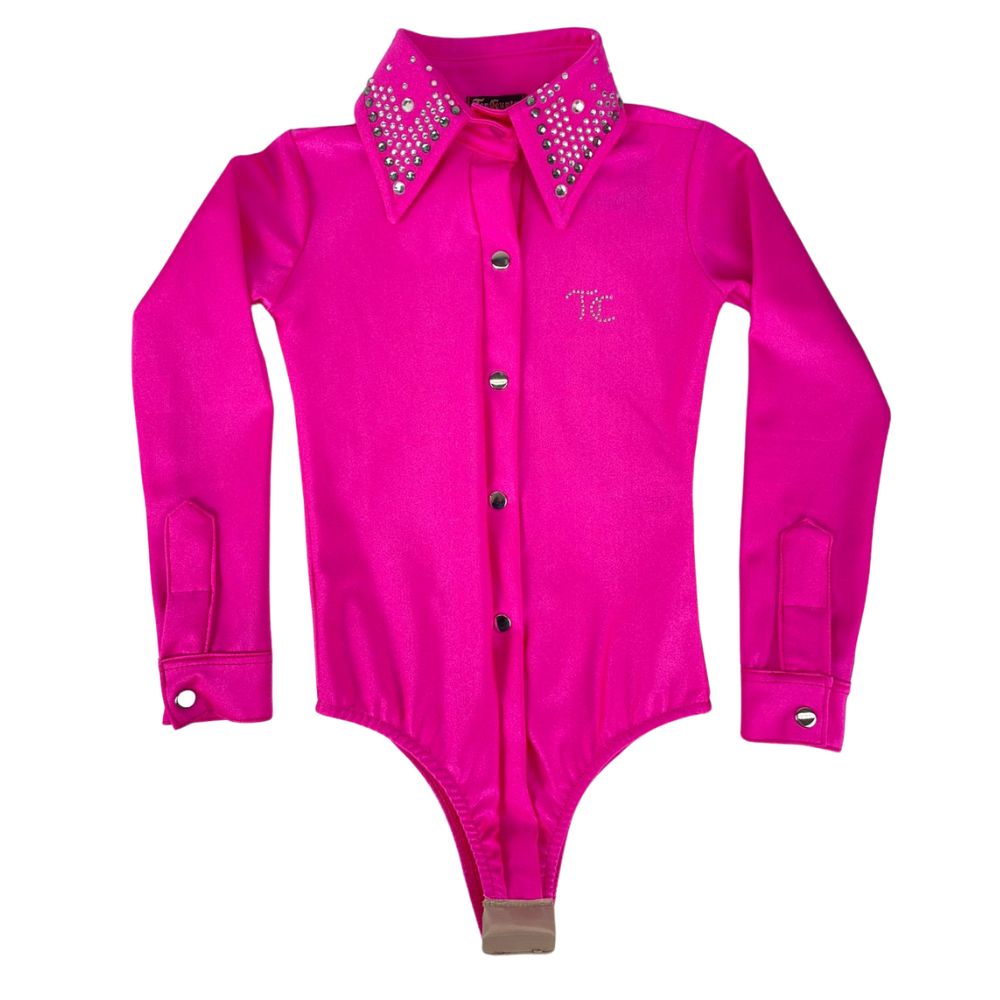 Body Infantil Feminino Top Country Rosa Manga Longa Com Colarinho e Logo Em Strass